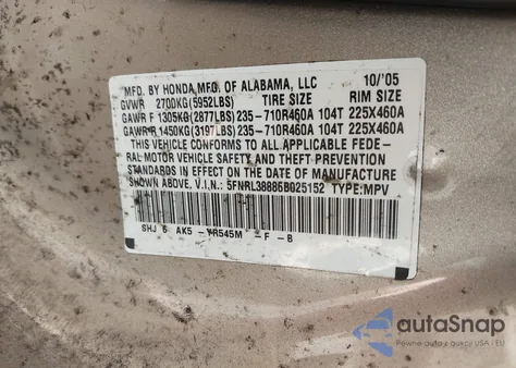 2006 Honda Odyssey Touring z USA, uszkodzony, nr VIN 5FNRL38886B025152